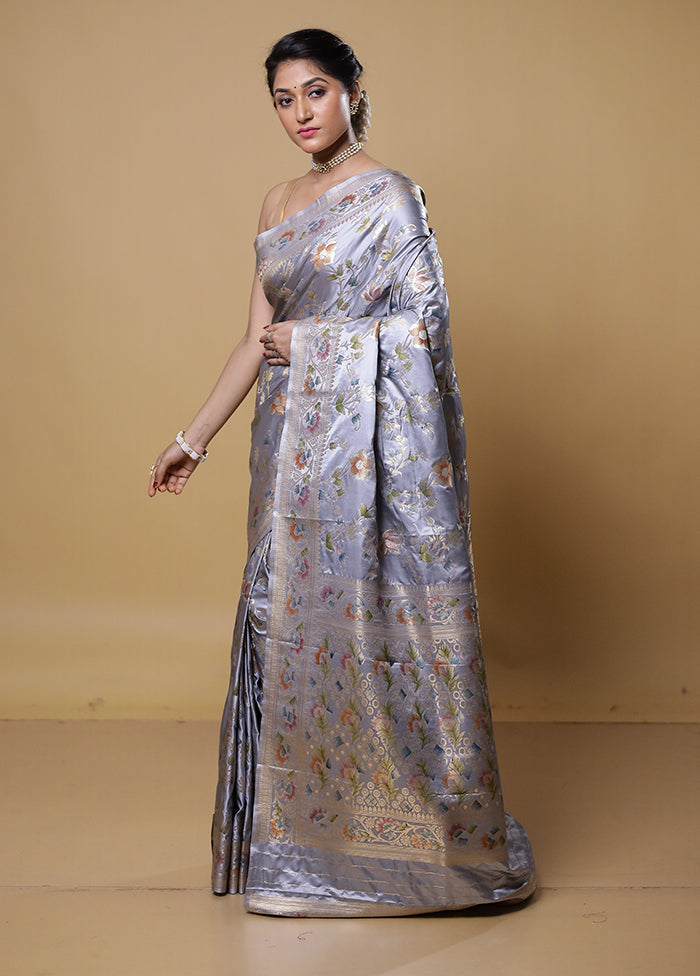 Grey Dupion Silk Saree With Blouse Piece