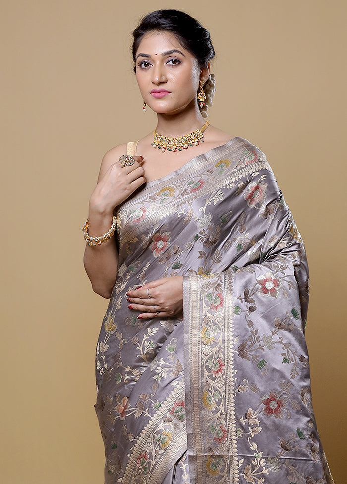 Grey Dupion Silk Saree With Blouse Piece