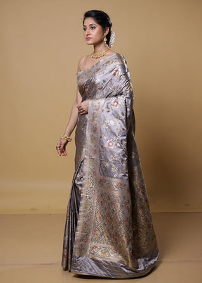 Grey Dupion Silk Saree With Blouse Piece