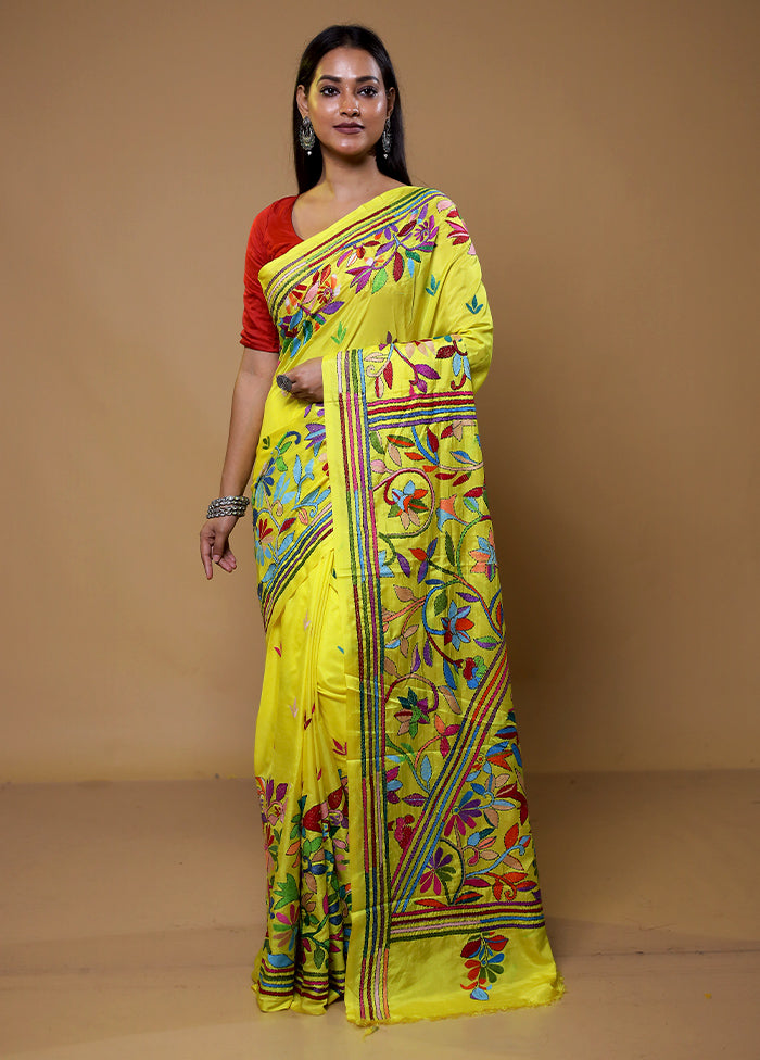 Yellow Kantha Stitch Silk Saree With Blouse Piece