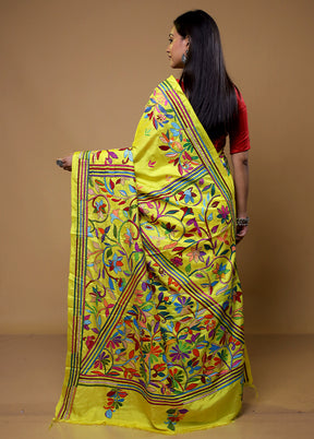 Yellow Kantha Stitch Silk Saree With Blouse Piece