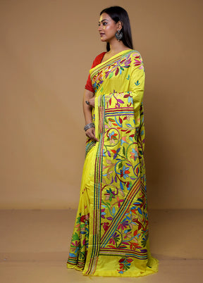 Yellow Kantha Stitch Silk Saree With Blouse Piece