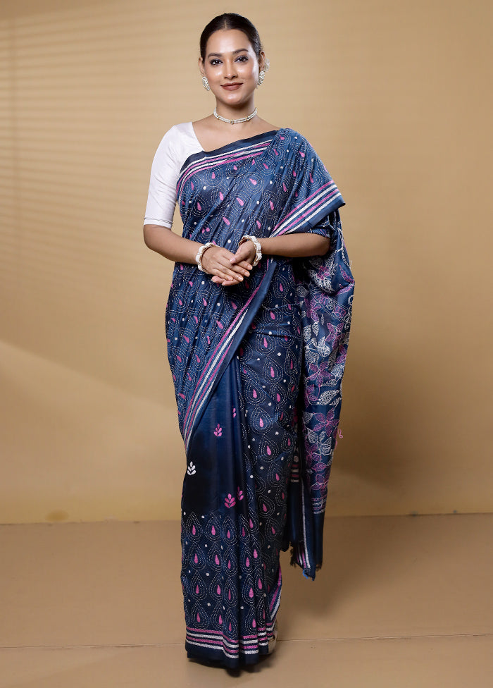 Blue Kantha Stitch Silk Saree With Blouse Piece