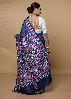 Blue Kantha Stitch Silk Saree With Blouse Piece