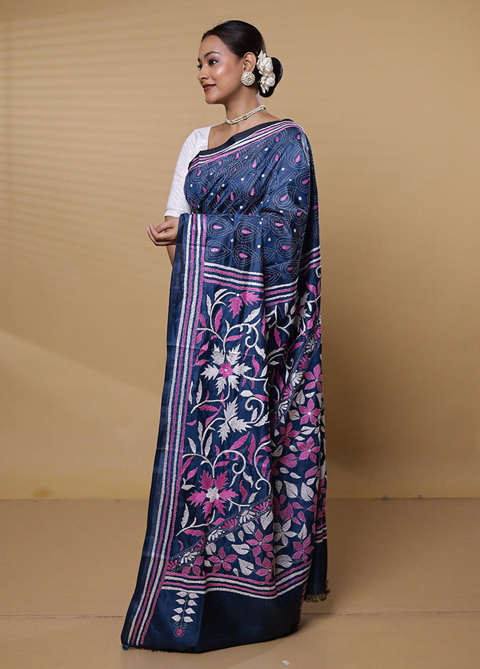 Blue Kantha Stitch Silk Saree With Blouse Piece