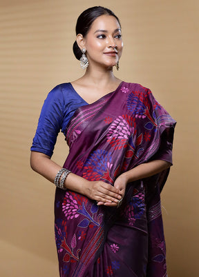 Purple Kantha Stitch Silk Saree With Blouse Piece