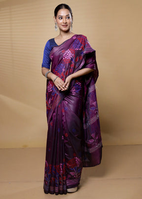 Purple Kantha Stitch Silk Saree With Blouse Piece