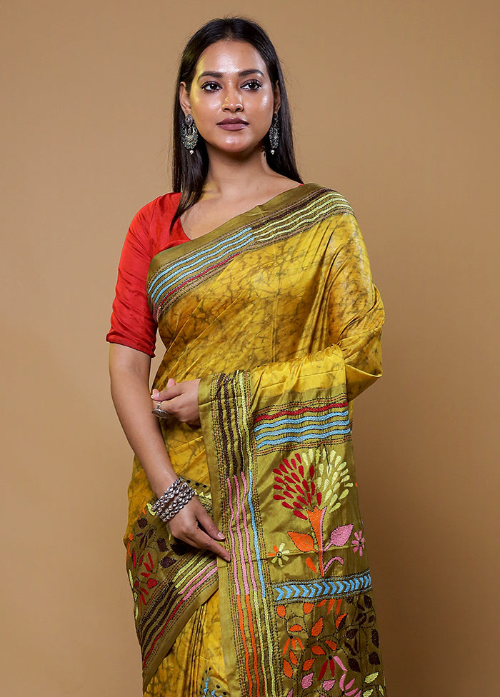 Yellow Kantha Stitch Silk Saree With Blouse Piece