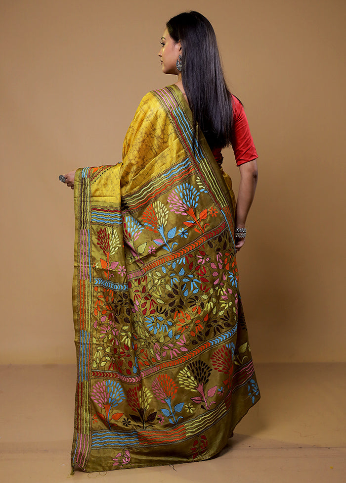 Yellow Kantha Stitch Silk Saree With Blouse Piece