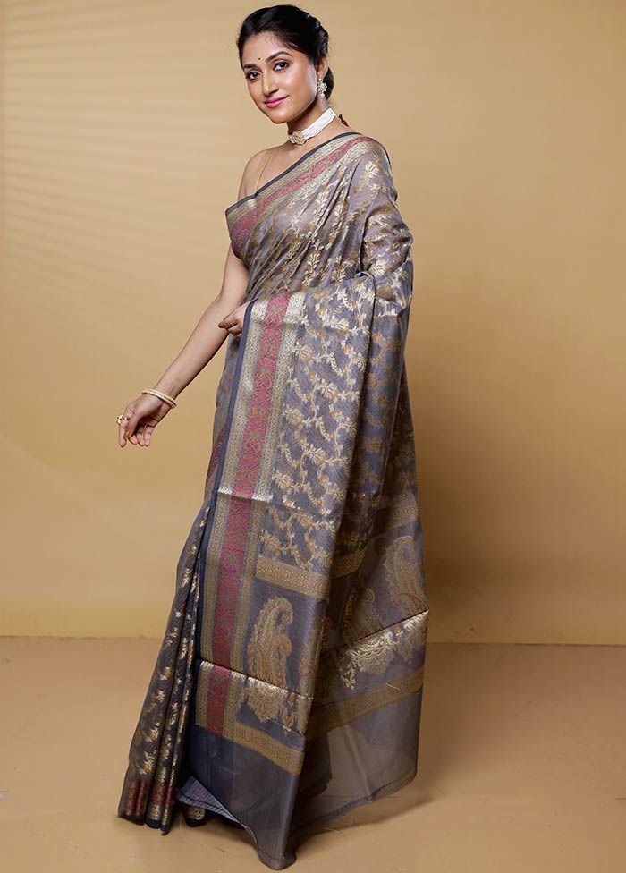 Grey Pure Kota Cotton Saree With Blouse Piece