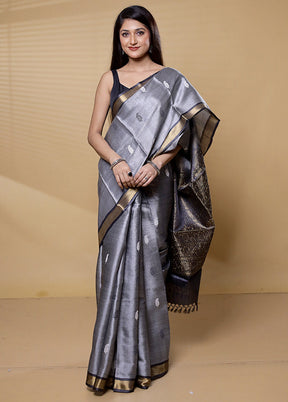 Grey Handloom Tussar Pure Silk Saree With Blouse Piece