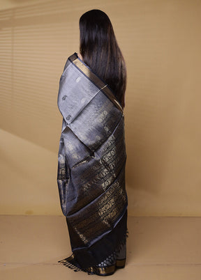 Grey Handloom Tussar Pure Silk Saree With Blouse Piece