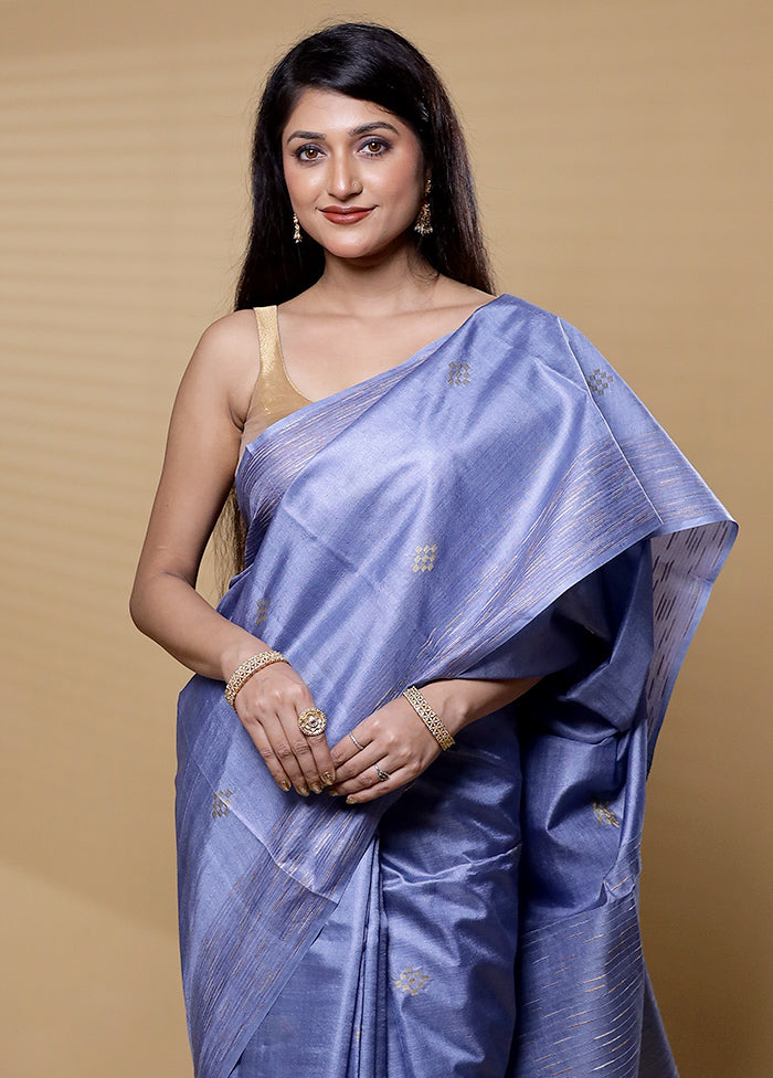 Blue Tussar Silk Saree With Blouse Piece