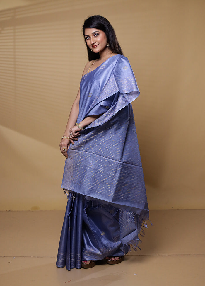 Blue Tussar Silk Saree With Blouse Piece