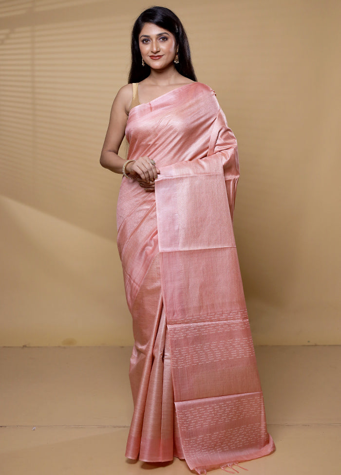 Peach Tussar Silk Saree With Blouse Piece