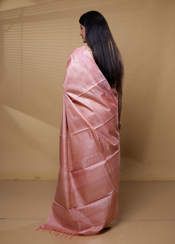 Peach Tussar Silk Saree With Blouse Piece