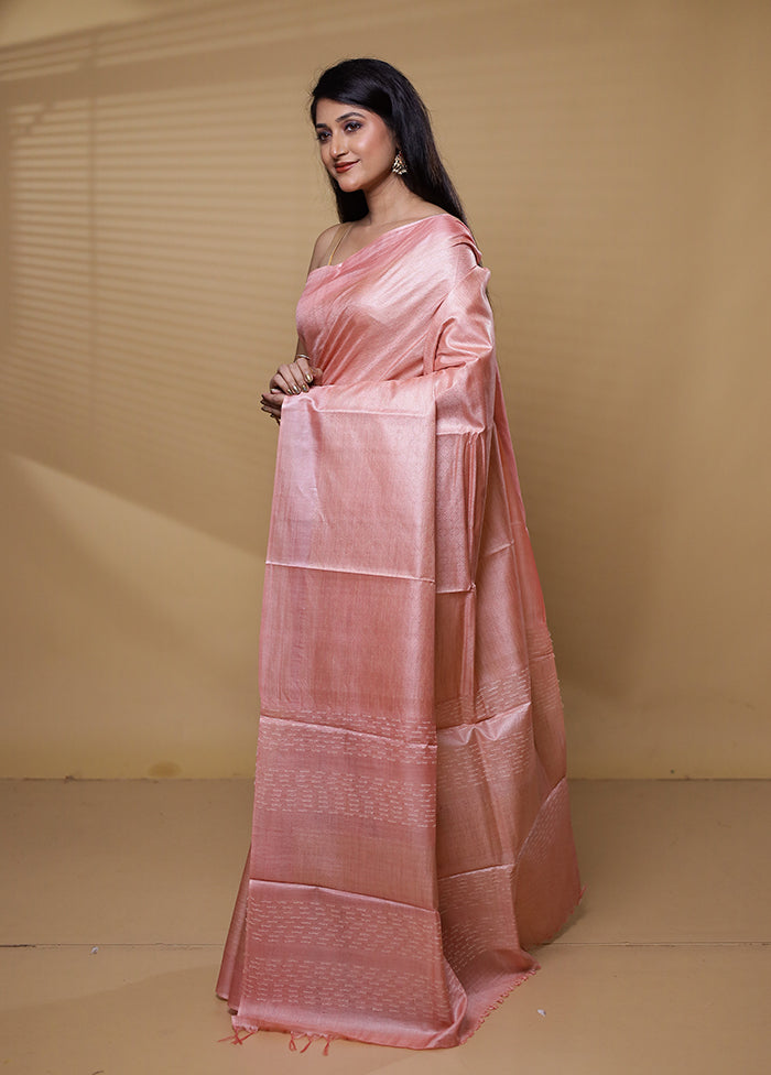 Peach Tussar Silk Saree With Blouse Piece