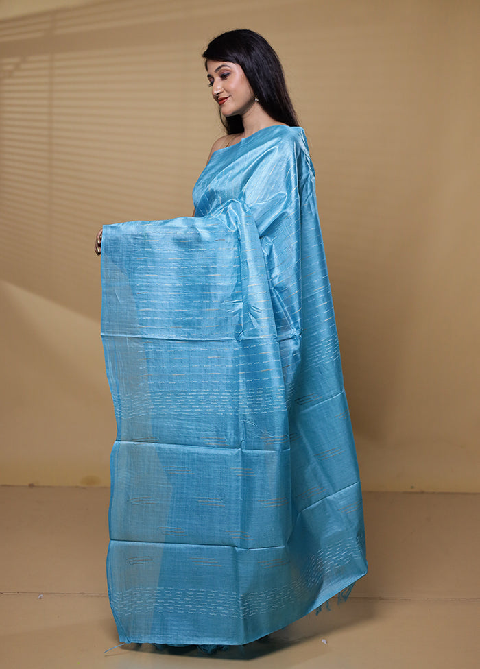 Blue Tussar Silk Saree With Blouse Piece