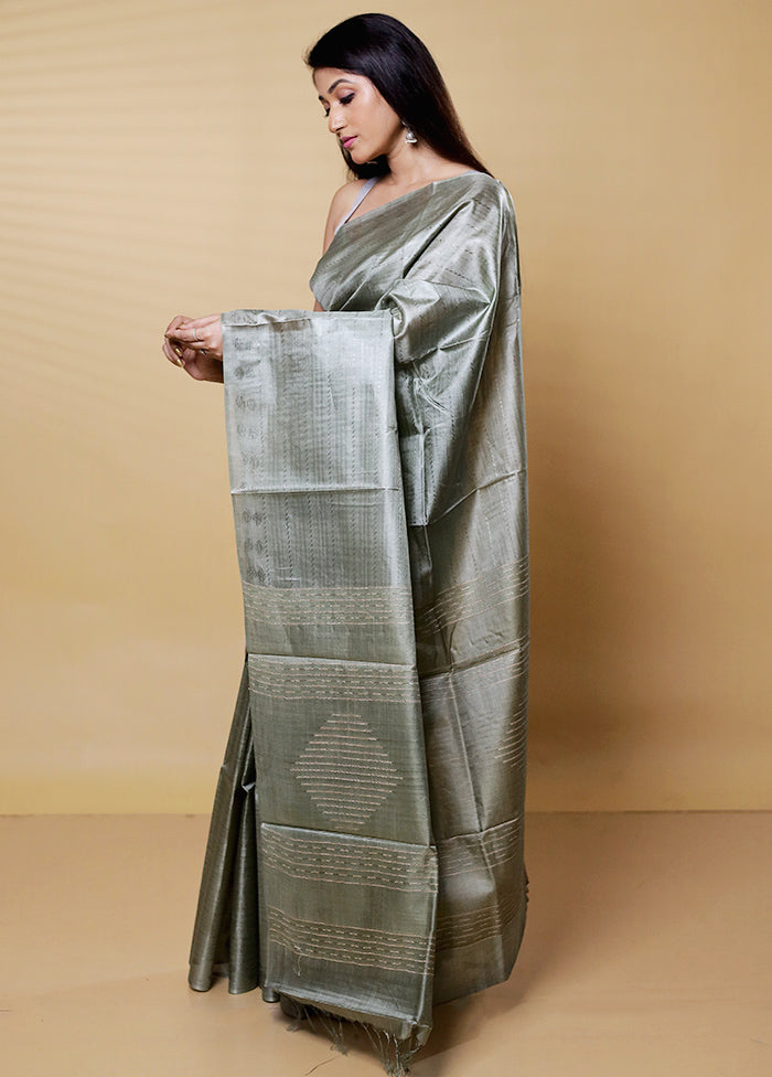 Green Tussar Silk Saree With Blouse Piece