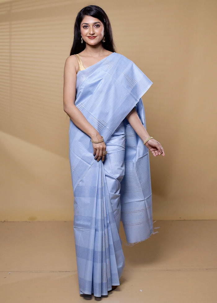 Blue Tussar Silk Saree With Blouse Piece