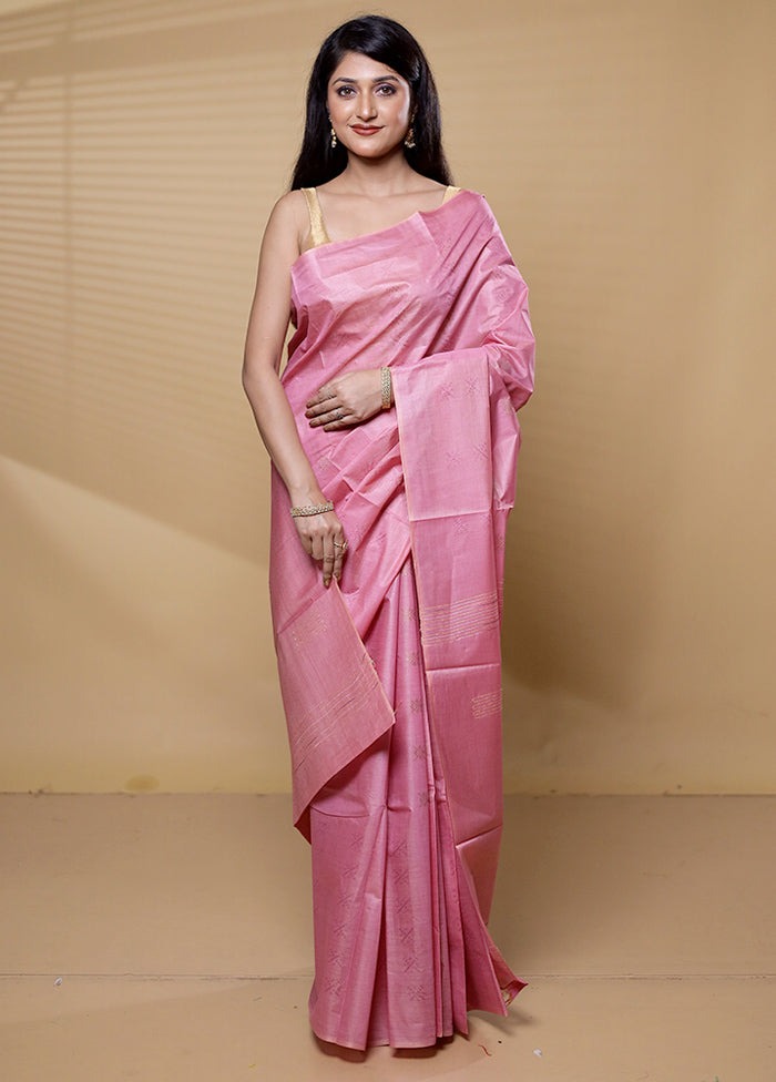 Pink Tussar Silk Saree With Blouse Piece