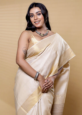 Cream Tussar Silk Saree With Blouse Piece