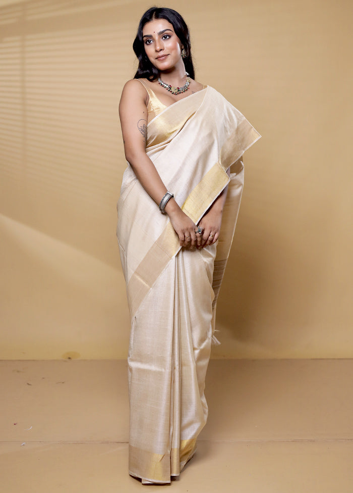 Cream Tussar Silk Saree With Blouse Piece