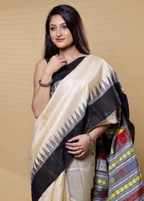 Cream Handloom Tussar Pure Silk Saree With Blouse Piece