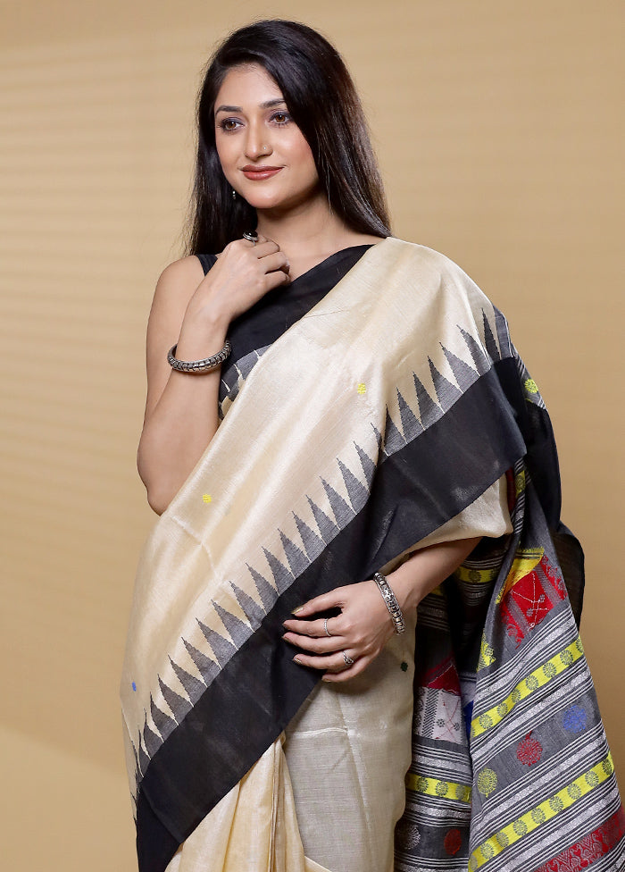 Cream Handloom Tussar Pure Silk Saree With Blouse Piece