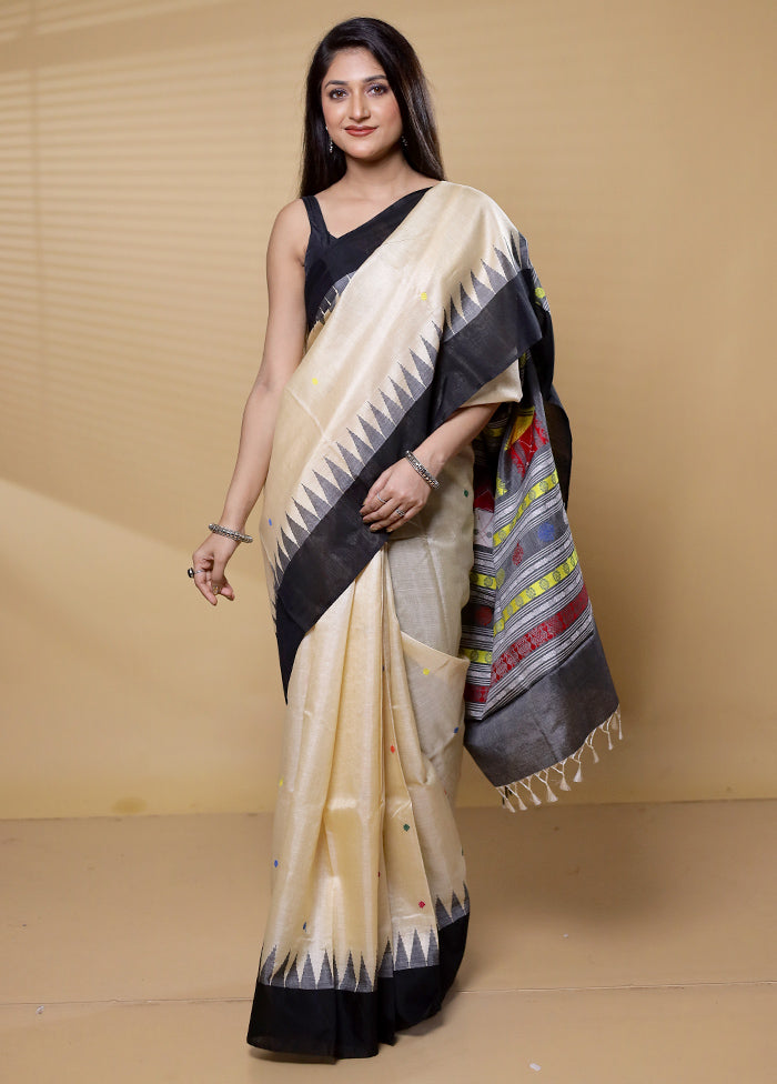 Cream Handloom Tussar Pure Silk Saree With Blouse Piece