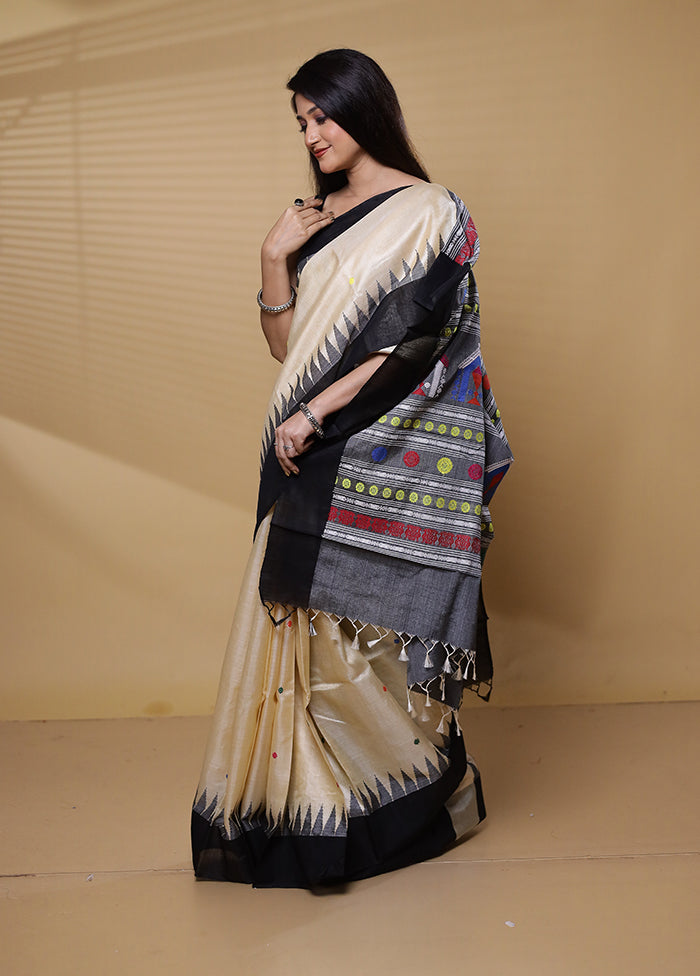 Cream Handloom Tussar Pure Silk Saree With Blouse Piece