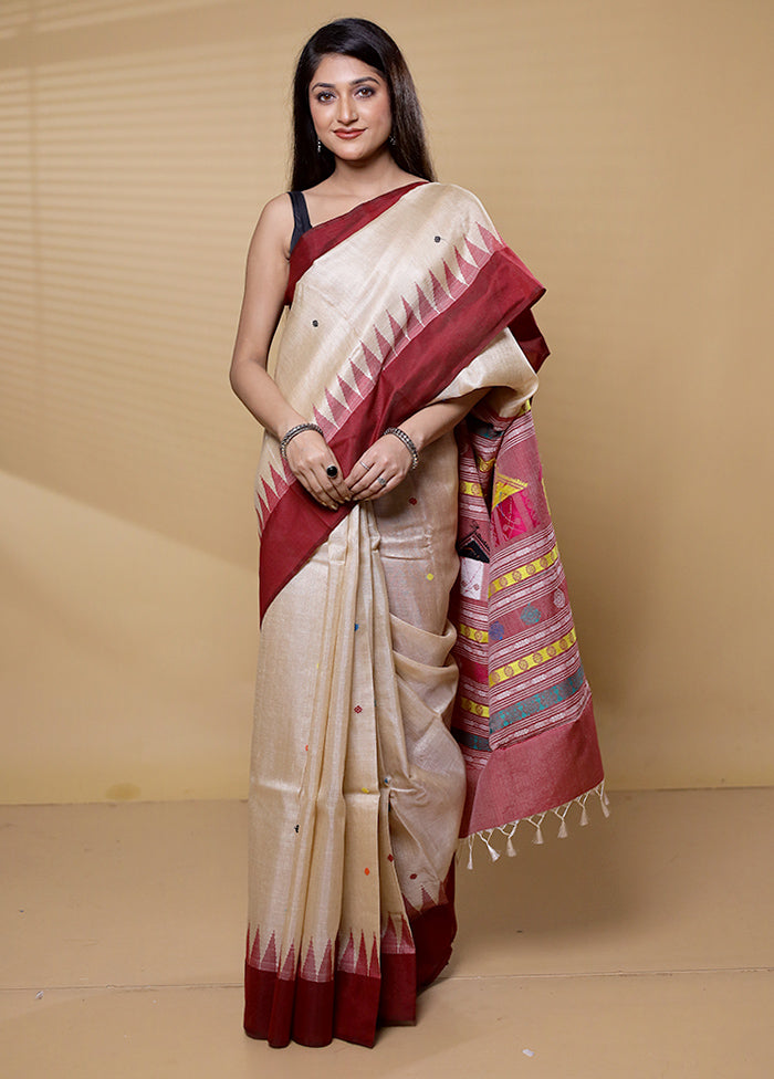 Cream Handloom Tussar Pure Silk Saree With Blouse Piece