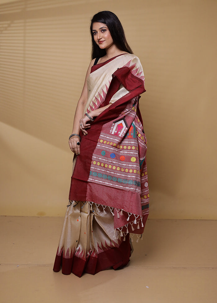 Cream Handloom Tussar Pure Silk Saree With Blouse Piece