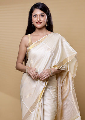 Cream Handloom Tussar Pure Silk Saree With Blouse Piece