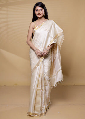 Cream Handloom Tussar Pure Silk Saree With Blouse Piece