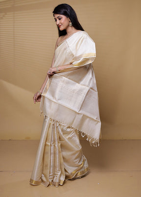 Cream Handloom Tussar Pure Silk Saree With Blouse Piece