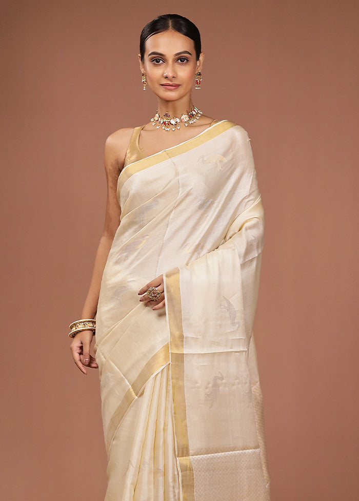 Cream Handloom Tussar Pure Silk Saree With Blouse Piece