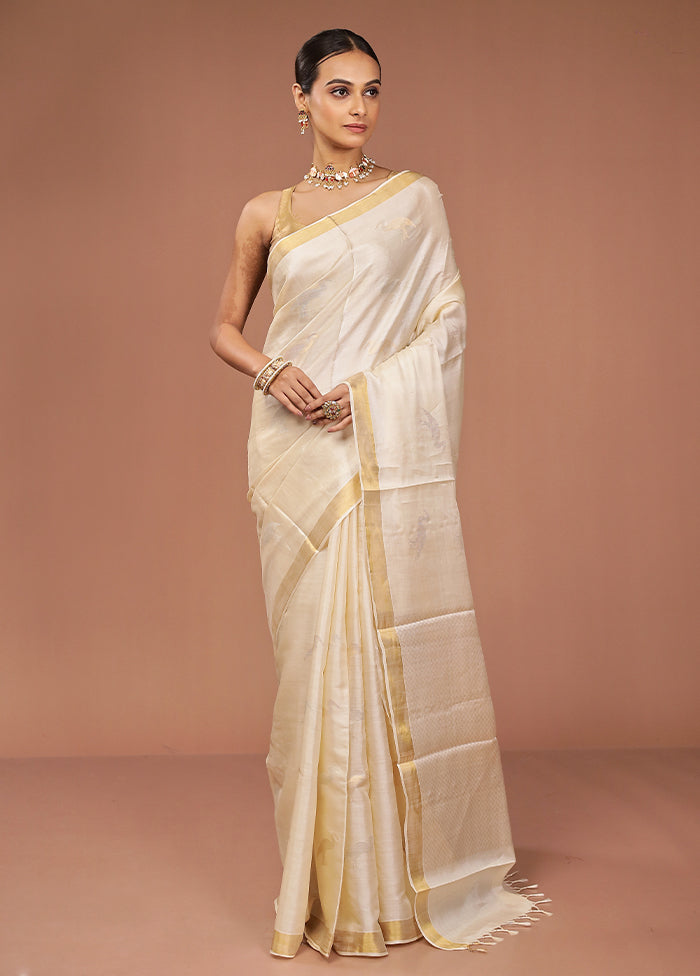 Cream Handloom Tussar Pure Silk Saree With Blouse Piece