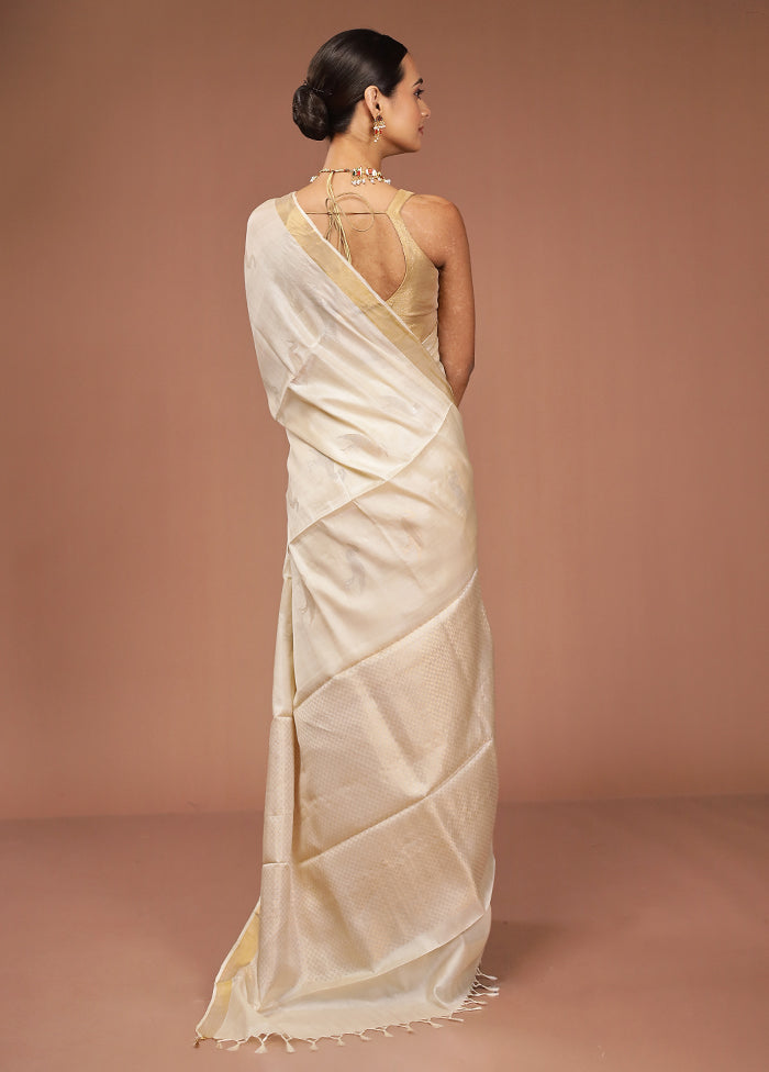 Cream Handloom Tussar Pure Silk Saree With Blouse Piece