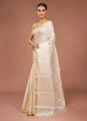 Cream Handloom Tussar Pure Silk Saree With Blouse Piece
