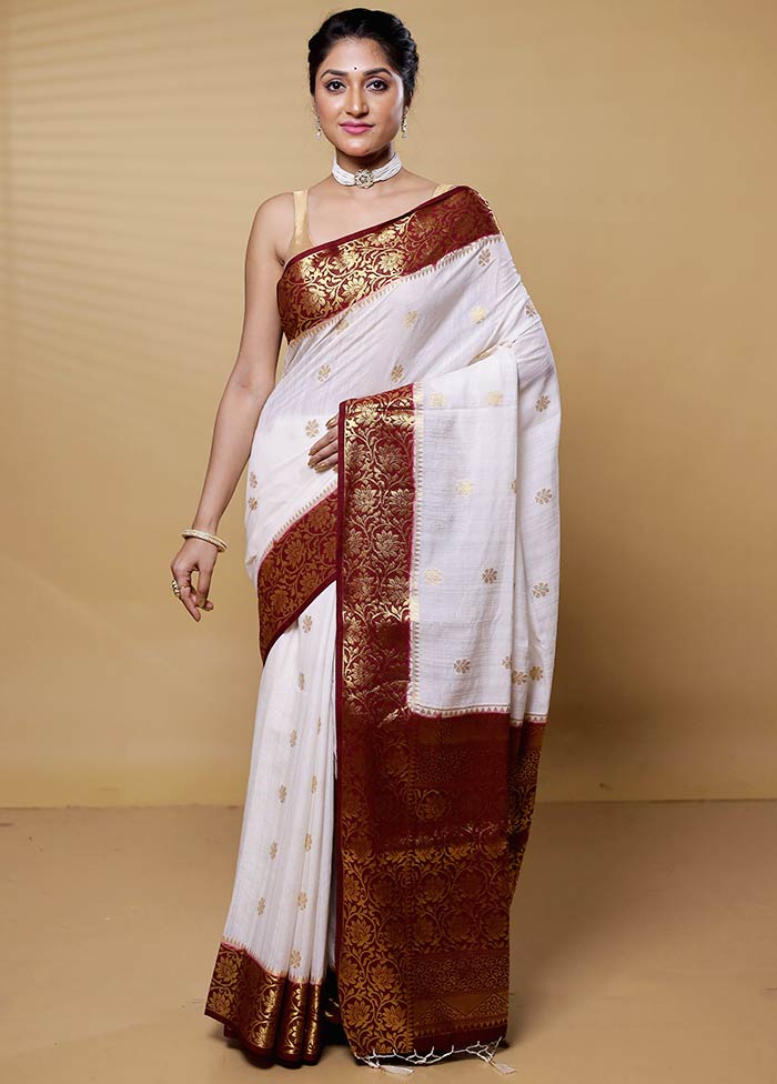 White Dupion Silk Saree With Blouse Piece