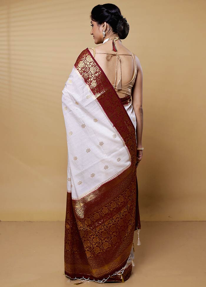 White Dupion Silk Saree With Blouse Piece