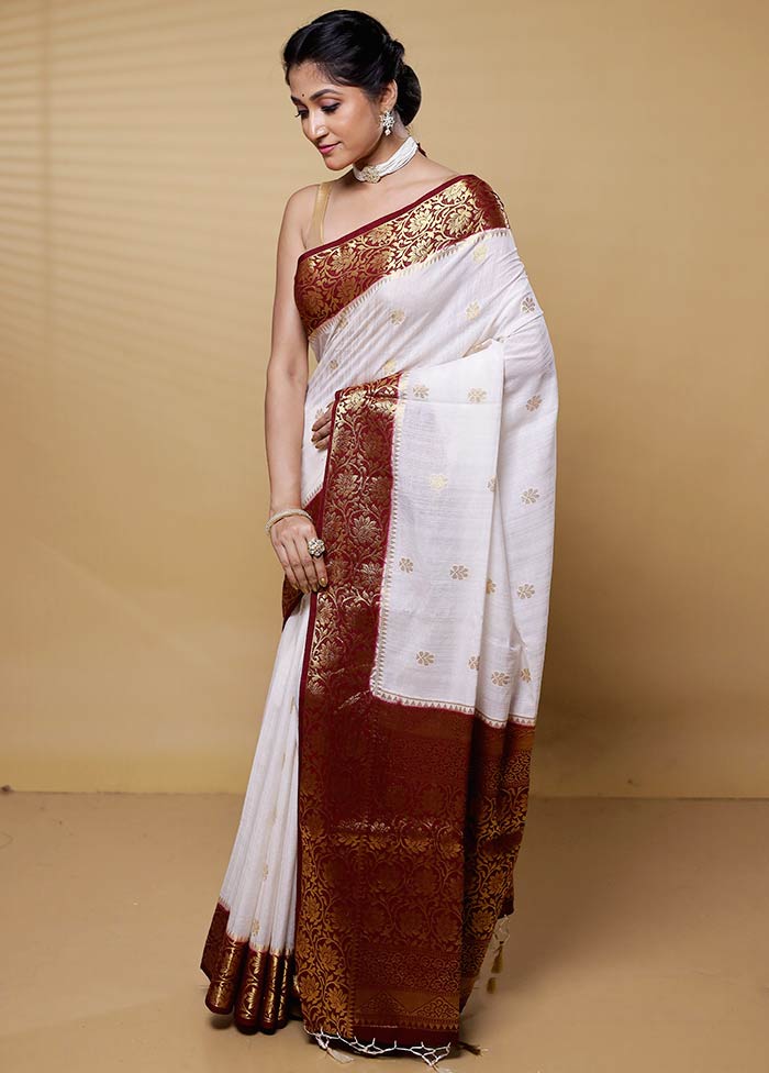 White Dupion Silk Saree With Blouse Piece