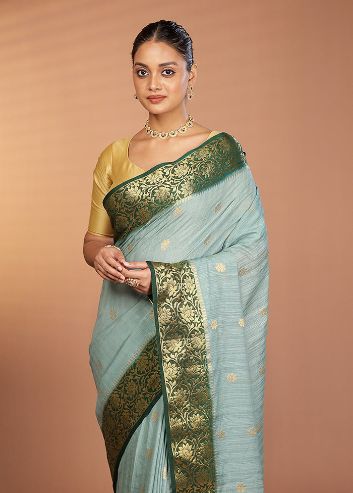 Green Dupion Silk Saree With Blouse Piece