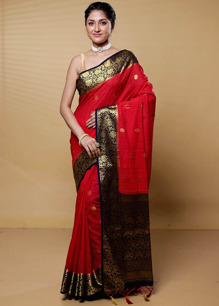 Red Dupion Silk Saree With Blouse Piece