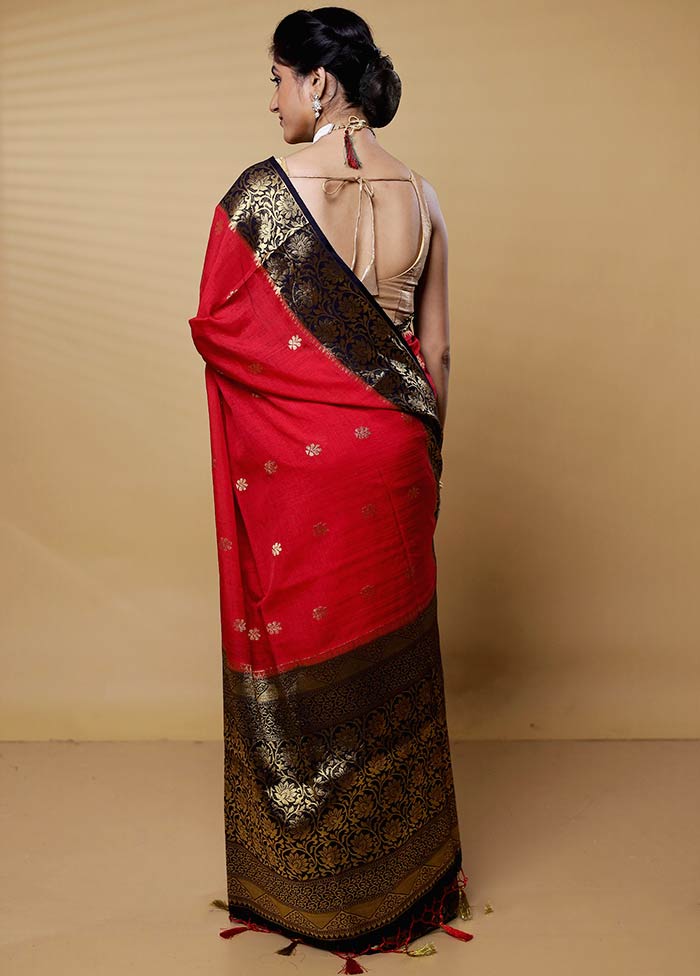 Red Dupion Silk Saree With Blouse Piece