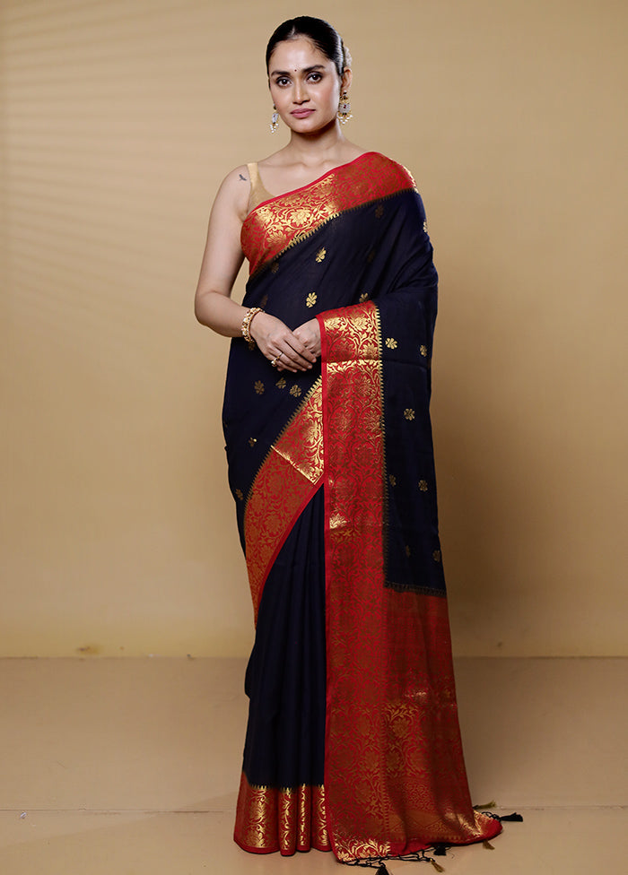 Blue Dupion Silk Saree With Blouse Piece