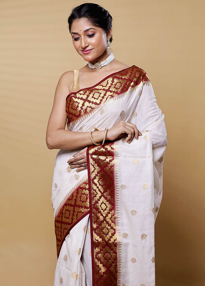 White Dupion Silk Saree With Blouse Piece