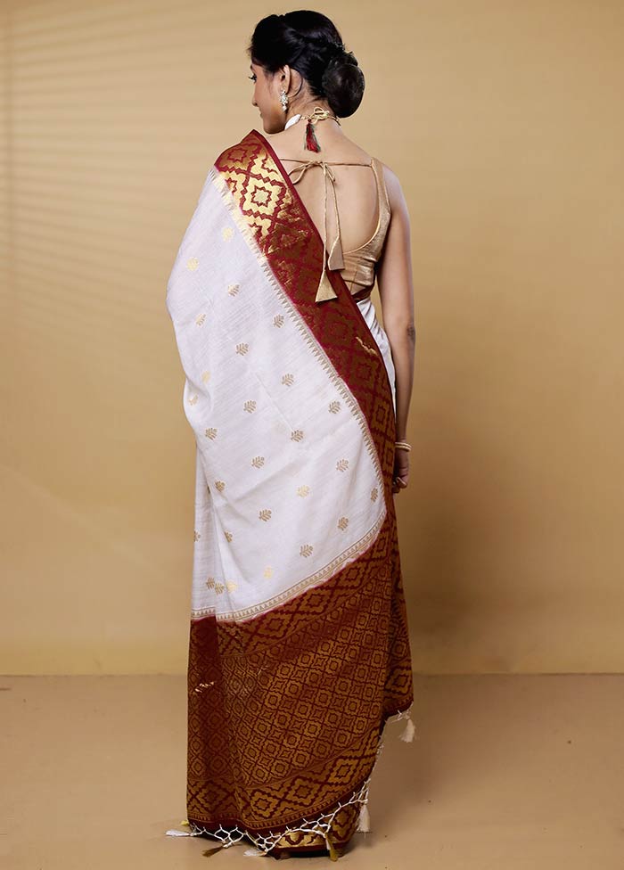 White Dupion Silk Saree With Blouse Piece