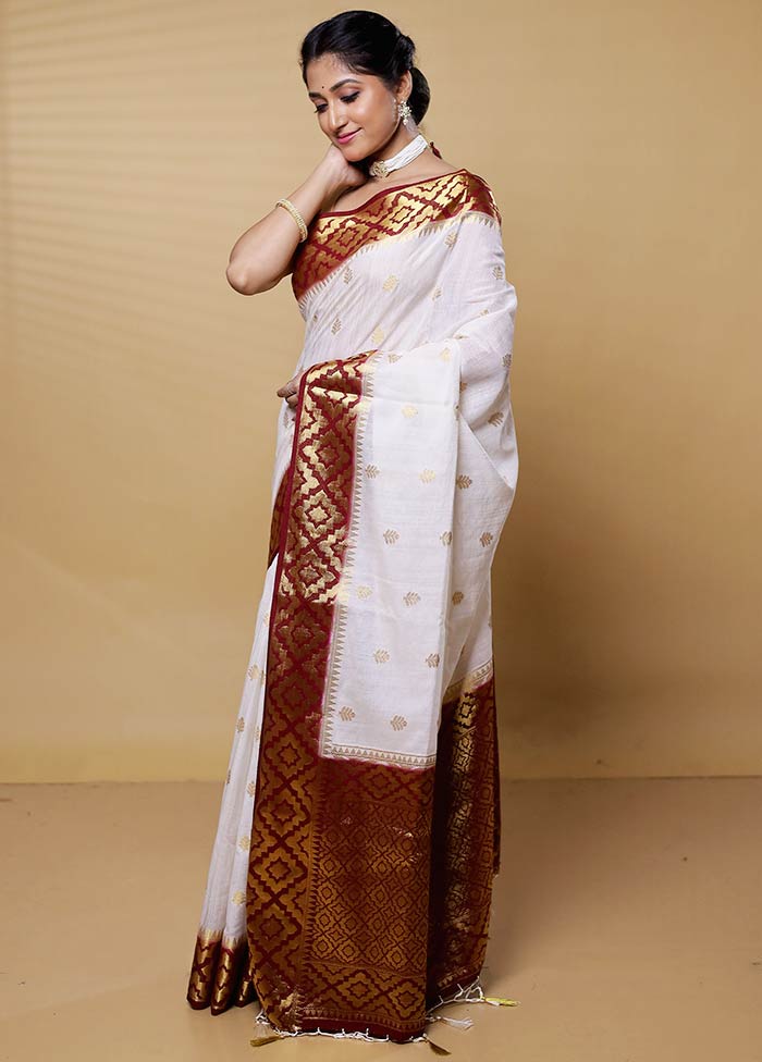 White Dupion Silk Saree With Blouse Piece